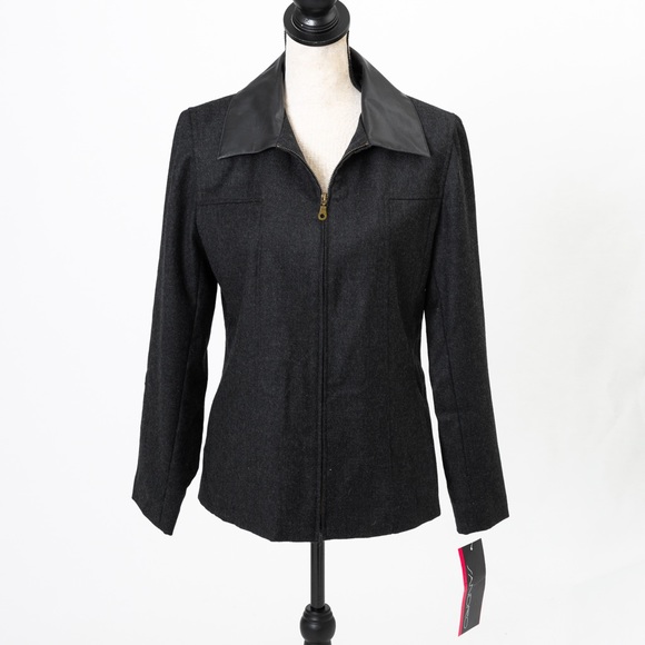 Sandro 100% wool black charcoal zipper front jacket with faux leather collar 10 - Picture 1 of 14